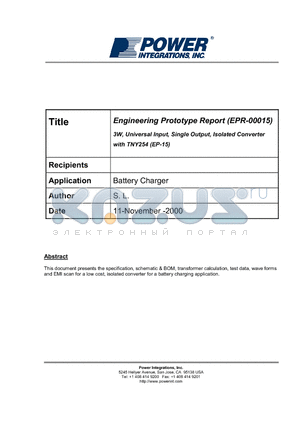 EPR-00015 datasheet - 3W, Universal Input, Single Output, Isolated Converter with TNY254 (EP-15)