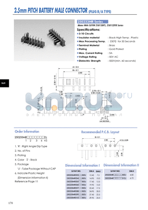 250233MR datasheet - 2.5mm PITCH BATTERY MALE CONNECTOR