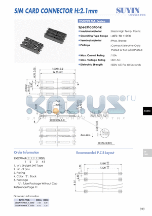 250291MA datasheet - SIM CARD CONNECTOR H:2.1mm