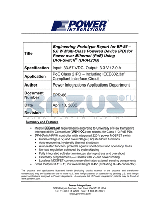 EPR-86 datasheet - Engineering Prototype Report for EP 86 - 6.6 W Multi-Class Powered Device (PD) for Power over Ethernet (PoE) Using DPA-Switch-(DPA423G)