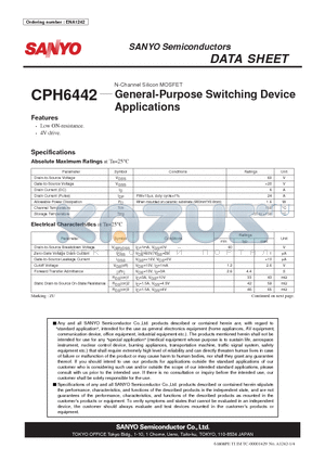 CPH6442 datasheet - N-Channel Silicon MOSFET General-Purpose Switching Device Applications