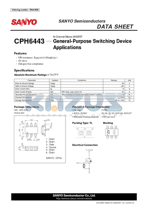 CPH6443 datasheet - N-Channel Silicon MOSFET General-Purpose Switching Device Applications