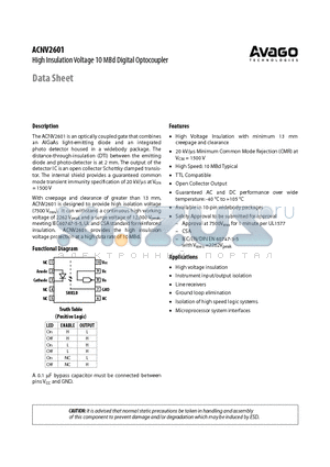 ACNV2601-300E datasheet - High Insulation Voltage 10 MBd Digital Optocoupler