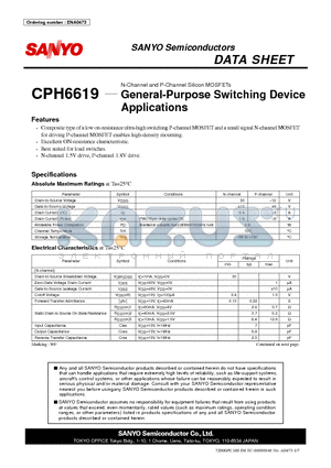 CPH6619 datasheet - N-Channel and P-Channel Silicon MOSFETs General-Purpose Switching Device