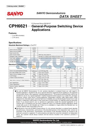 CPH6621 datasheet - P-Channel Silicon MOSFET General-Purpose Switching Device