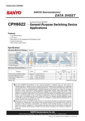 CPH6622 datasheet - N-Channel Silicon MOSFET General-Purpose Switching Device