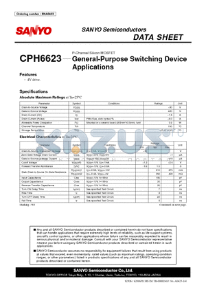 CPH6623 datasheet - P-Channel Silicon MOSFET General-Purpose Switching Device