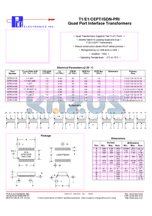 EPR1511S datasheet - T1/E1/CEPT/ISDN-PRI Quad Port Interface Transformers
