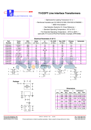 EPR1541 datasheet - T1/CEPT Line Interface Transformers