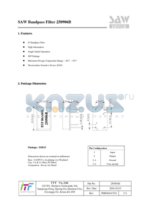 250906B datasheet - SAW Bandpass Filter