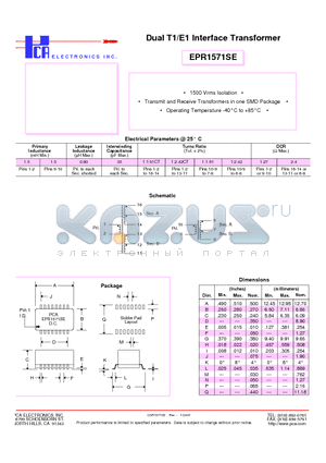 EPR1571SE datasheet - Dual T1/E1 Interface Transformer