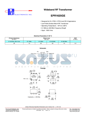 EPR1625GE datasheet - Wideband RF Transformer