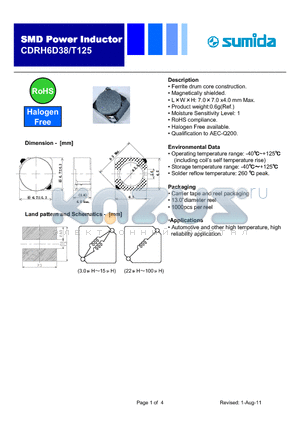 CDRH6D38T125NP-101PC datasheet - Ferrite drum core construction.