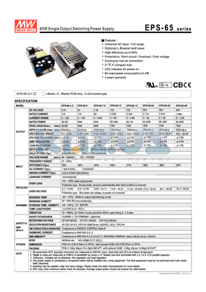 EPS-65 datasheet - 65W Single Output Switching Power Supply