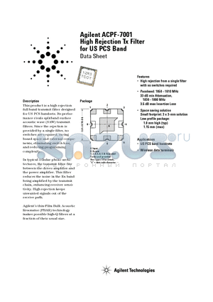 ACPF-7001 datasheet - Agilent ACPF-7001 High Rejection Tx Filter for US PCS Band