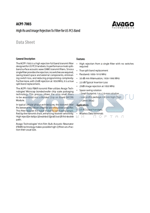 ACPF-7003-BLK datasheet - High Rx and Image Rejection Tx Filter for US PCS Band