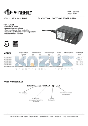 EPSA120100U datasheet - 12 W WALL PLUG - SWITCHING POWER SUPPLY