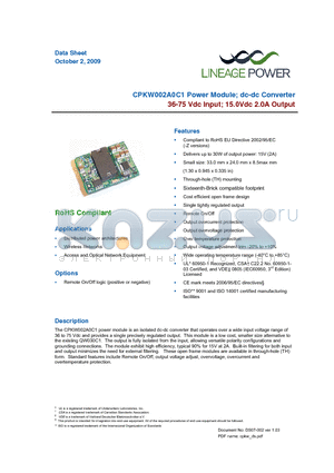 CPKW002A0C datasheet - Power Module; dc-dc Converter 36-75 Vdc Input; 15.0Vdc 2.0A Output