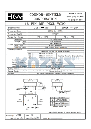 EPV64-100-21P datasheet - 16 PIN DIP PECL VCXO