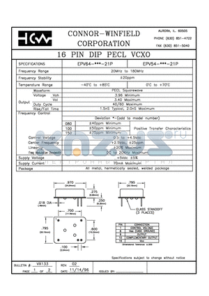 EPV64-150-21P datasheet - 16 PIN DIP PECL VCXO