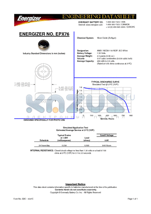 EPX76 datasheet - ENERGIZER NO. EPX76