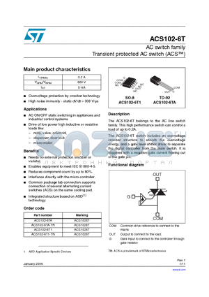 ACS102-6T1 datasheet - AC switch family Transient protected AC switch ACSTM