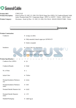 C20032105 datasheet - Hook-Up Wire, UL 1007, UL 1569, CSA TR-64, Gauge Size (AWG): 24, Conductor/Strands: Solid