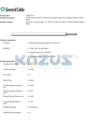 C20032101 datasheet - (C2003) Hook-Up Wire, 24 AWG Solid Tinned Copper, PVC Insulation, Black - 1000 Ft. Spool