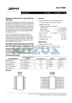 ACS174MS datasheet - Radiation Hardened Hex D-Type Flip-Flop with Reset
