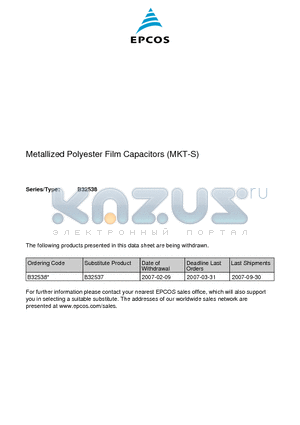 B32538 datasheet - Metallized Polyester Film Capacitors (MKT-S)