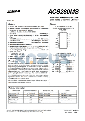 ACS280K datasheet - Radiation Hardened 9-Bit Odd/ Even Parity Generator Checker