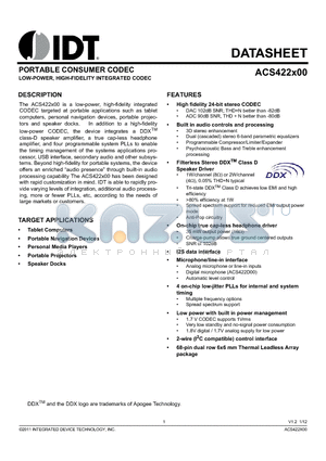 ACS42200 datasheet - PORTABLE CONSUMER CODEC