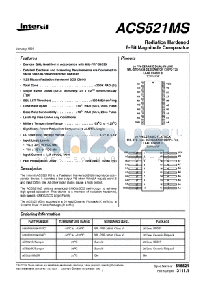 ACS521MS datasheet - Radiation Hardened 8-Bit Magnitude Comparator