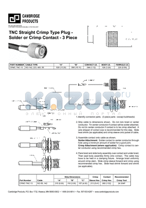 CPMC-TNC-13 datasheet - TNC Straight Crimp Type Plug - Solder or Crimp Contact - 3 Piece