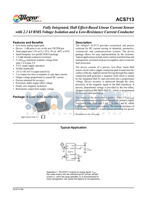 ACS713ELCTR-30A-T datasheet - Fully Integrated, Hall Effect-Based Linear Current Sensor with 2.1 kVRMS Voltage Isolation and a Low-Resistance Current Conductor