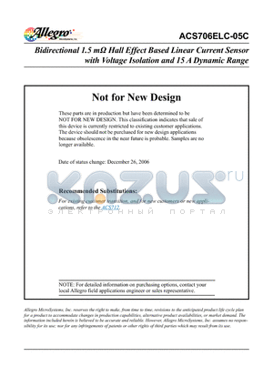 ACS706ELC-05C datasheet - Bidirectional 1.5 mY Hall Effect Based Linear Current Sensor with Voltage Isolation and 15 A Dynamic Range