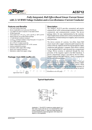 ACS712ELCTR-30A-T datasheet - Fully Integrated, Hall Effect-Based Linear Current Sensor with 2.1 kVRMS Voltage Isolation and a Low-Resistance Current Conductor