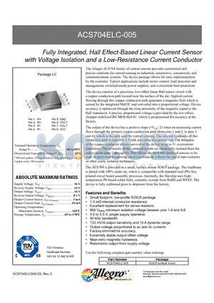 ACS704ELC-005 datasheet - Fully Integrated, Hall Effect-Based Linear Current Sensor with Voltage Isolation and a Low-Resistance Current Conductor