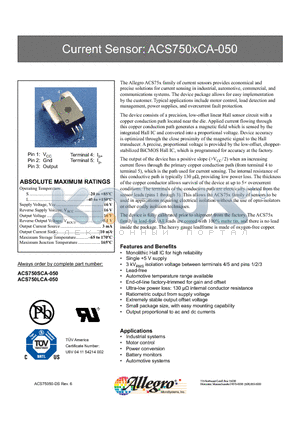 ACS750LCA-050 datasheet - Industrial systems, Motor control, Power conversion, Battery monitors, Automotive systems