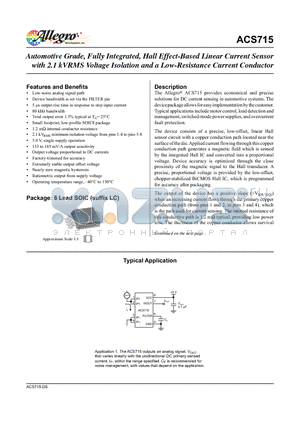 ACS715ELCTR-30A-T datasheet - Automotive Grade, Fully Integrated, Hall Effect-Based Linear Current Sensor with 2.1 kVRMS Voltage Isolation and a Low-Resistance Current Conductor