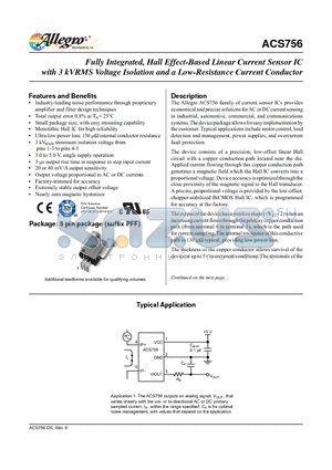 ACS756 datasheet - The Allegro ACS756 family of current sensor ICs provides economical and precise solutions for AC or DC current sensing in industrial, automotive, commercial, and communications systems.