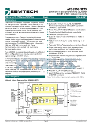 ACS8509 datasheet - Synchronous Equipment Timing Source for SONET or SDH Network Elements