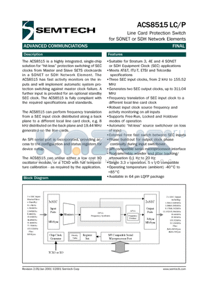 ACS8515 datasheet - Line Card Protection Switch for SONET or SDH Network Elements