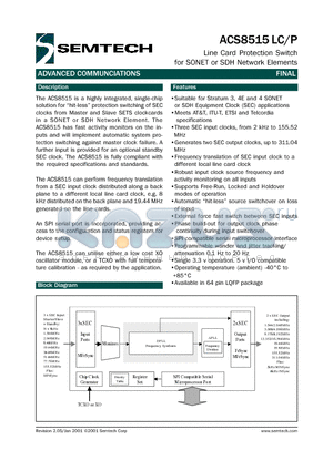 ACS8515LC datasheet - Line Card Protection Switch for SONET or SDH Network Elements