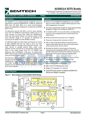 ACS8514 datasheet - Synchronous Equipment Timing Source Partner IC for 2nd T4 DPLL, Accurate Monitoring & Input Extender