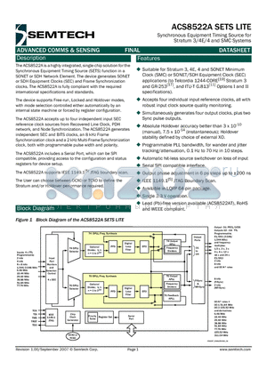 ACS8522A datasheet - Synchronous Equipment Timing Source for Stratum 3/4E/4 and SMC Systems