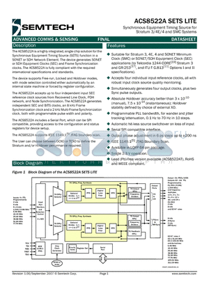 ACS8522AT datasheet - Synchronous Equipment Timing Source for Stratum 3/4E/4 and SMC Systems