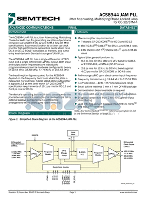 ACS8944 datasheet - Jitter Attenuating, Multiplying Phase Locked Loop for OC-12/STM-4