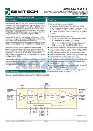 ACS8944T datasheet - Jitter Attenuating, Multiplying Phase Locked Loop for OC-12/STM-4