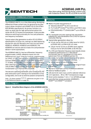 ACS8946 datasheet - Jitter Attenuating, Multiplying Phase Locked Loop, with Protection Switch, for OC-12/STM-4 and GbE